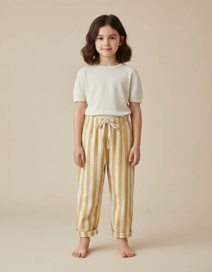 Pantalon Chinois Rayé Jaune Écru Coton Ample Enfant - Multicolore