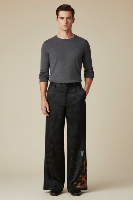 Pantalon Chinois Noir Brodé Jacquard Ample Vintage - Satin