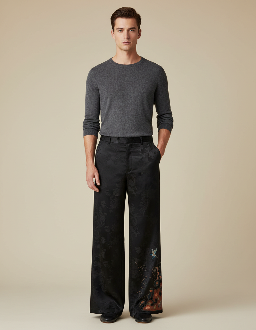 Pantalon Chinois Noir Brodé Jacquard Ample Vintage - Satin