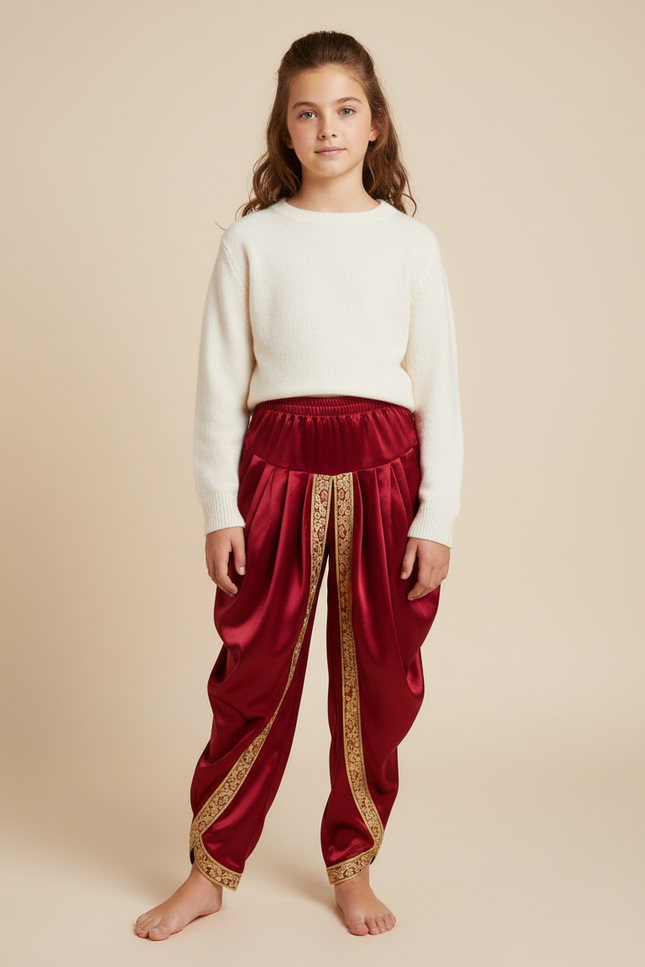Pantalon Chinois Rouge Satiné Doré Ample Enfant - Bordeaux