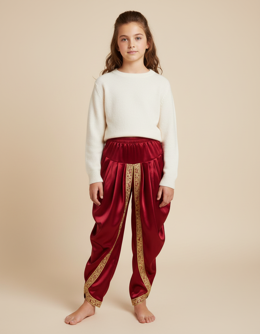 Pantalon Chinois Rouge Satiné Doré Ample Enfant - Bordeaux