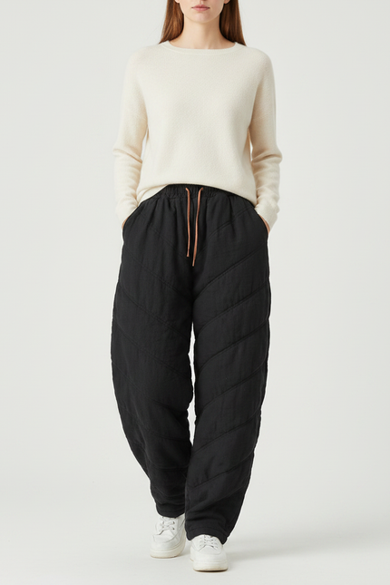 Pantalon Chinois Matelassé Noir Ample Hiver Femme - Polyester