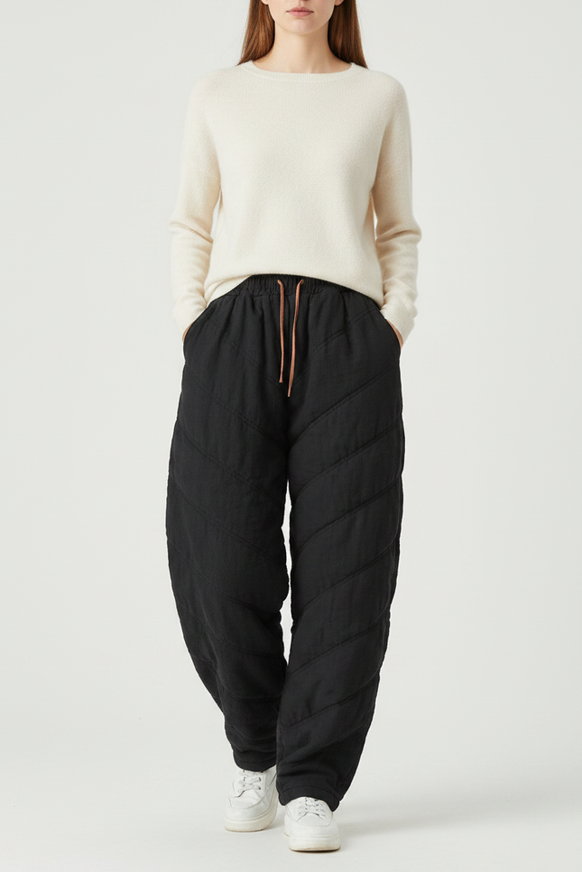 Pantalon Chinois Matelassé Noir Ample Hiver Femme - Polyester