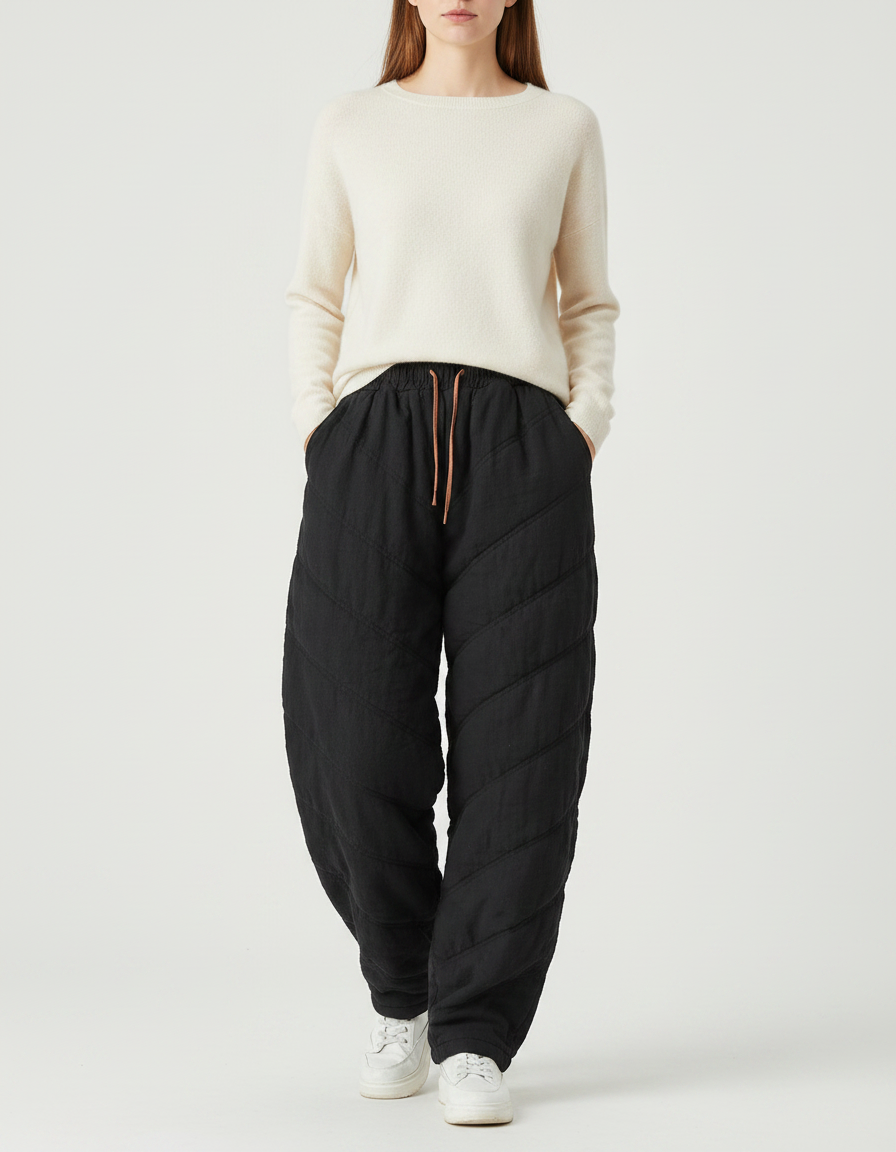 Pantalon Chinois Matelassé Noir Ample Hiver Femme - Polyester