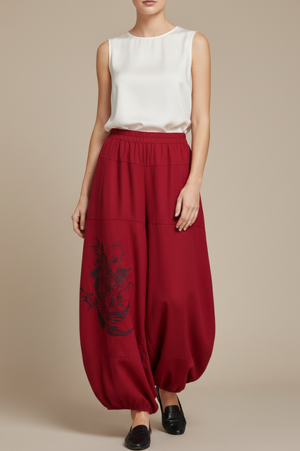 Pantalon Chinois Rouge Brodé Carpe Fluide Ample - Laine