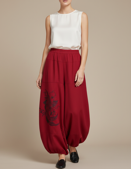 Pantalon Chinois Rouge Brodé Carpe Fluide Ample - Laine