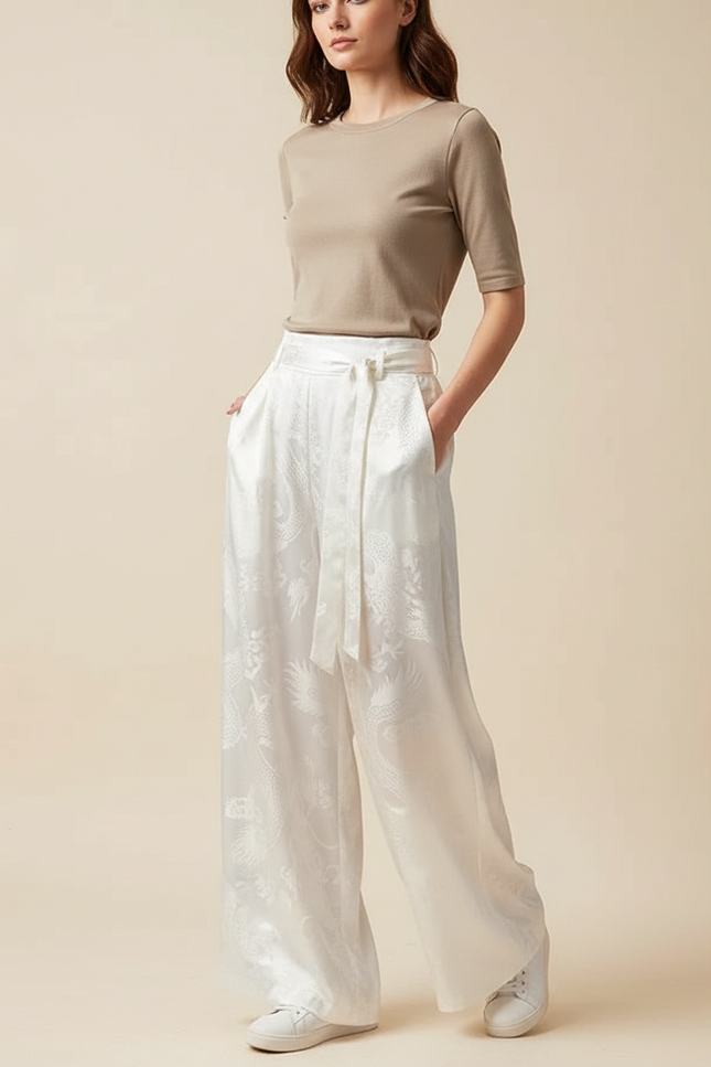 Pantalon Chinois Blanc Jacquard Dragon Ample Élégant - Satin