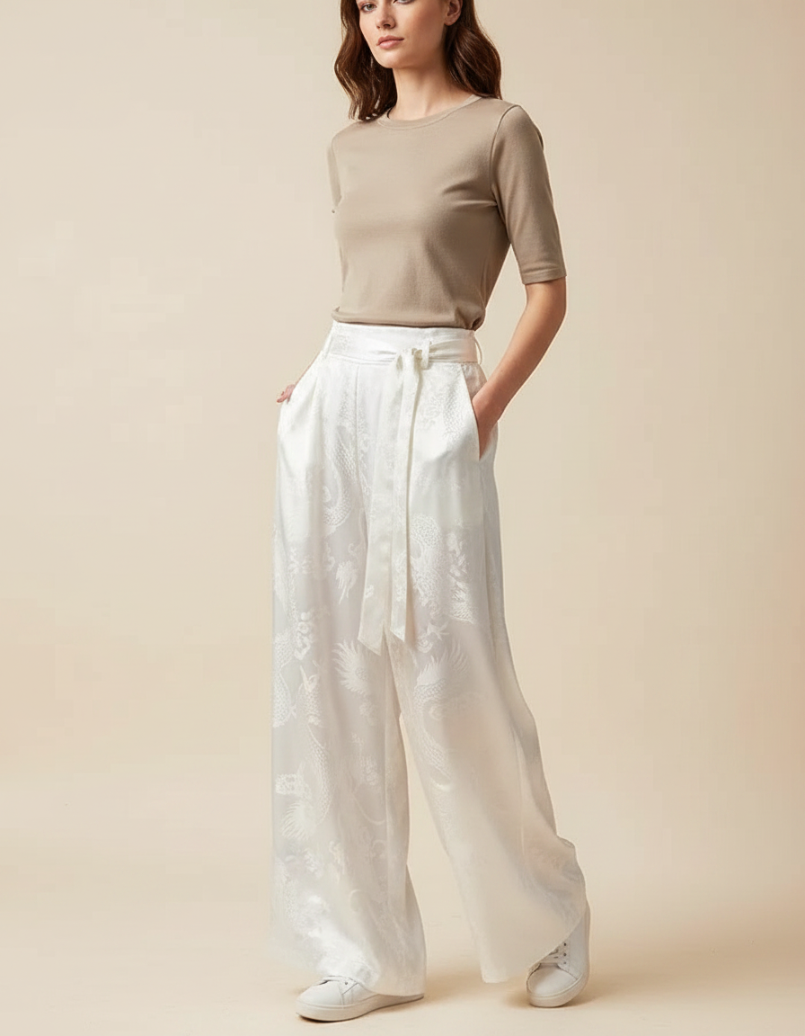 Pantalon Chinois Blanc Jacquard Dragon Ample Élégant - Satin
