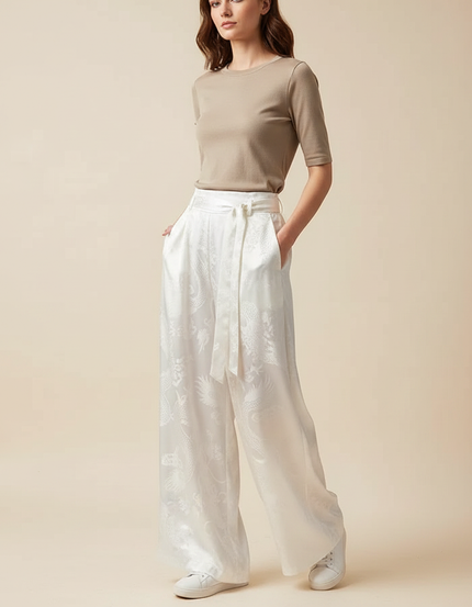 Pantalon Chinois Blanc Jacquard Dragon Ample Élégant - Satin