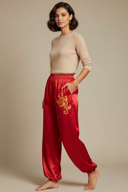 Pantalon Chinois Rouge Satin Dragon Doré Ample