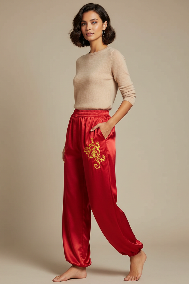 Pantalon Chinois Rouge Satin Dragon Doré Ample