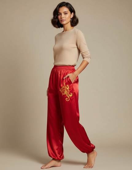 Pantalon Chinois Rouge Satin Dragon Doré Ample