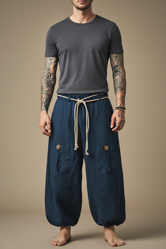 Pantalon Chinois Bleu Ample Coton Lacet Décontracté - Marine