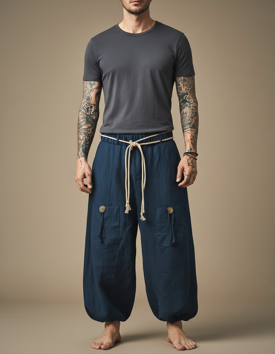 Pantalon Chinois Bleu Ample Coton Lacet Décontracté - Marine