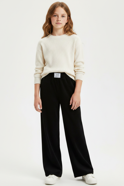 Pantalon Chinois Noir Côtelé Ample Confortable Fille - Cordé