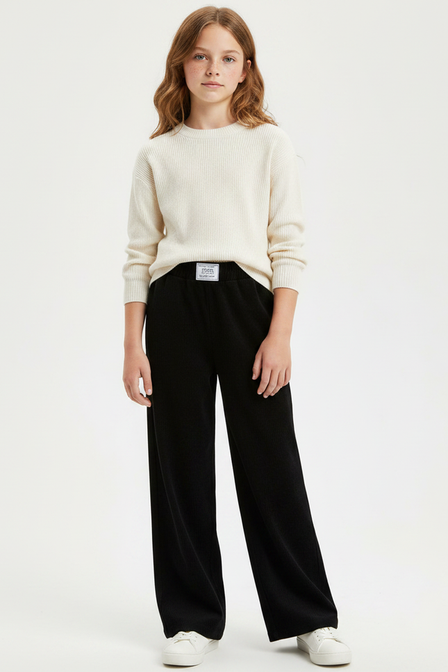 Pantalon Chinois Noir Côtelé Ample Confortable Fille - Cordé