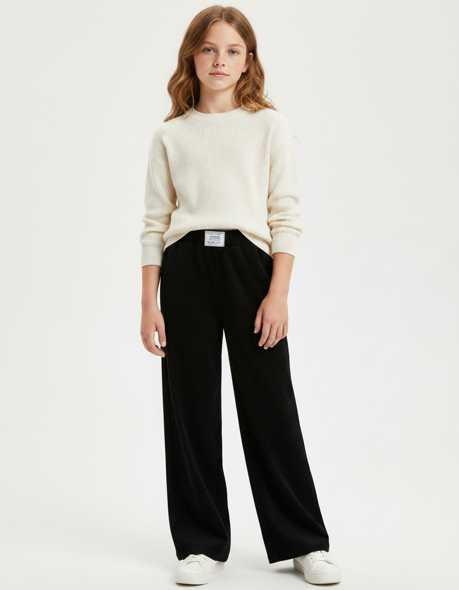 Pantalon Chinois Noir Côtelé Ample Confortable Fille - Cordé