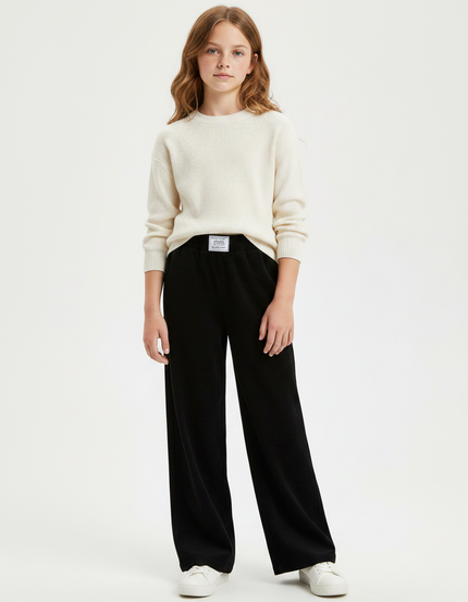 Pantalon Chinois Noir Côtelé Ample Confortable Fille - Cordé