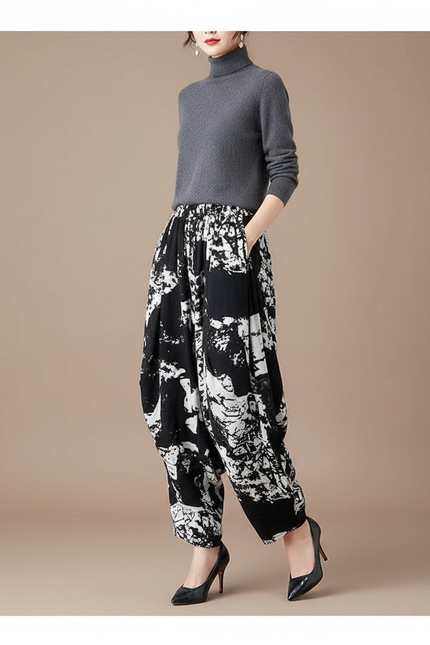 Pantalon Chinois Noir Blanc Imprimé Ample Harem Coton
