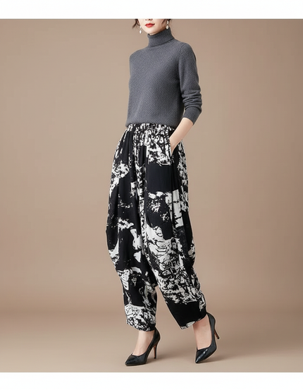 Pantalon Chinois Noir Blanc Imprimé Ample Harem Coton
