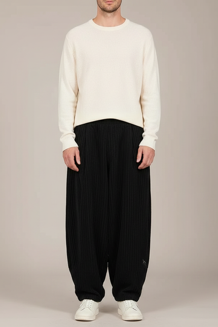 Pantalon Chinois Noir Côtelé Ample Brodé Hiver - Cordé