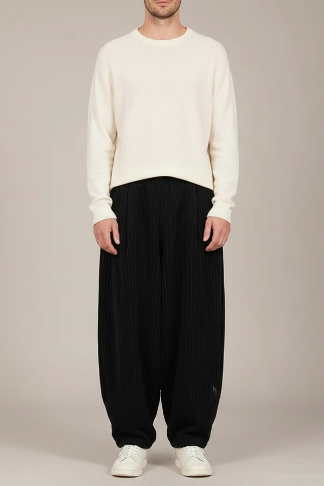Pantalon Chinois Noir Côtelé Ample Brodé Hiver - Cordé