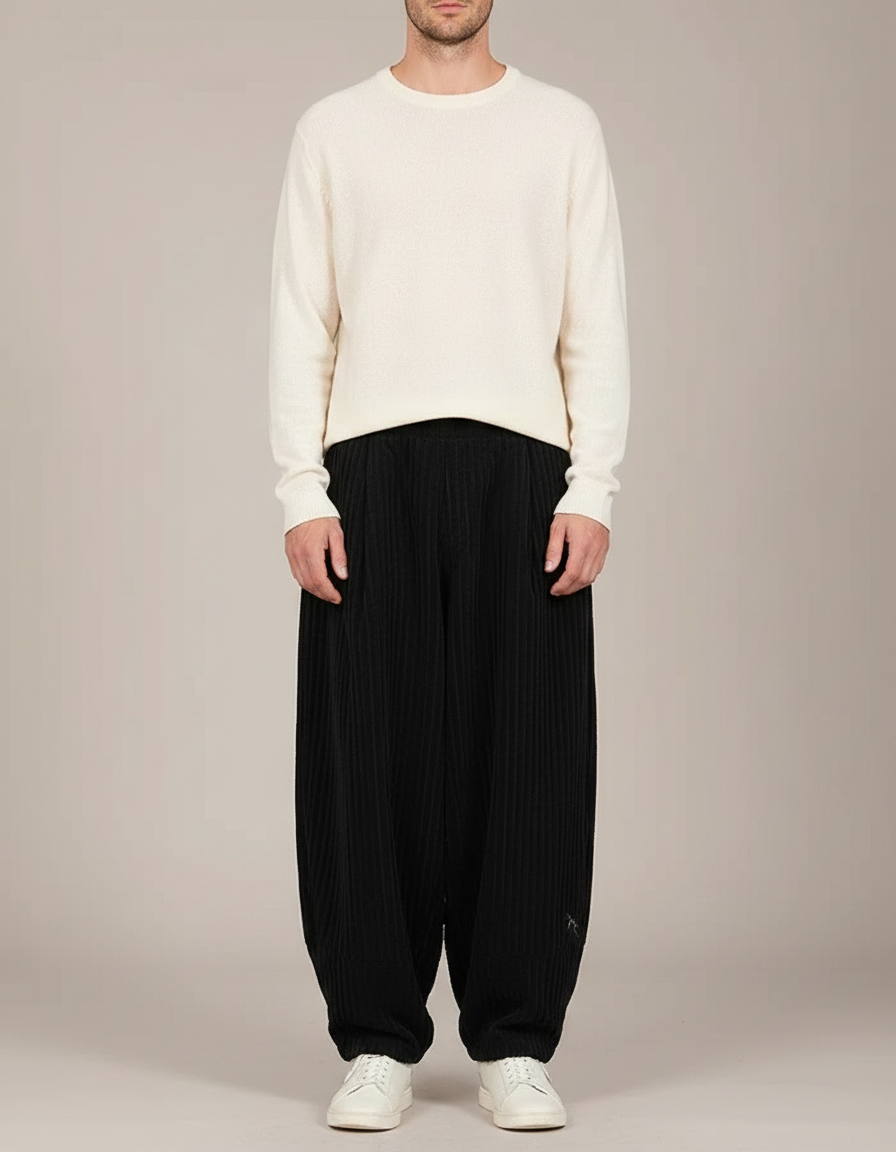 Pantalon Chinois Noir Côtelé Ample Brodé Hiver - Cordé