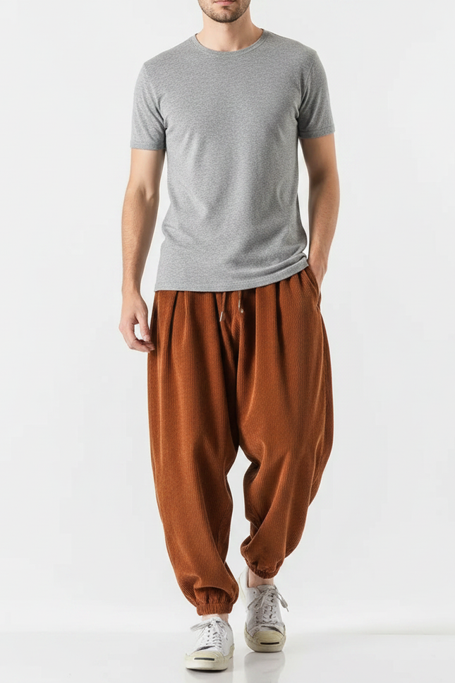 Pantalon Chinois Côtelé Marron Ample Décontracté Jogger - Cordé