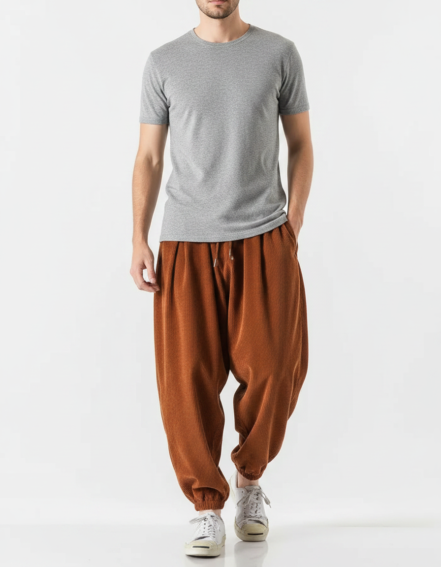 Pantalon Chinois Côtelé Marron Ample Décontracté Jogger - Cordé