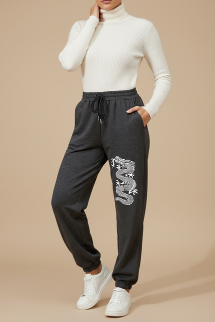 Pantalon Chinois Gris Dragon Imprimé Jogger Décontracté - Molleton