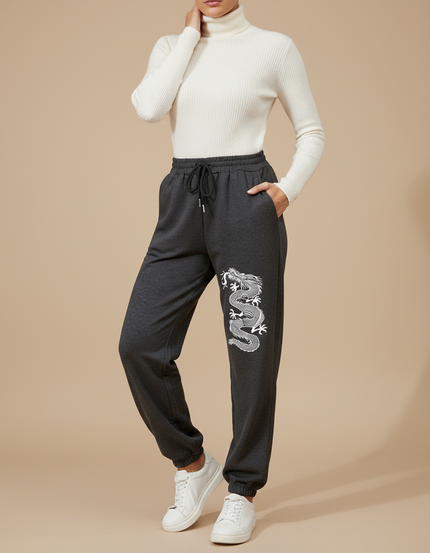 Pantalon Chinois Gris Dragon Imprimé Jogger Décontracté - Molleton