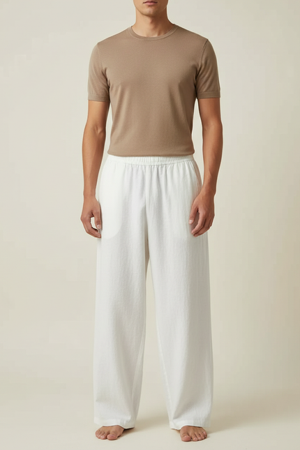 Pantalon Chinois Blanc Coton Lin Ample Décontracté Homme