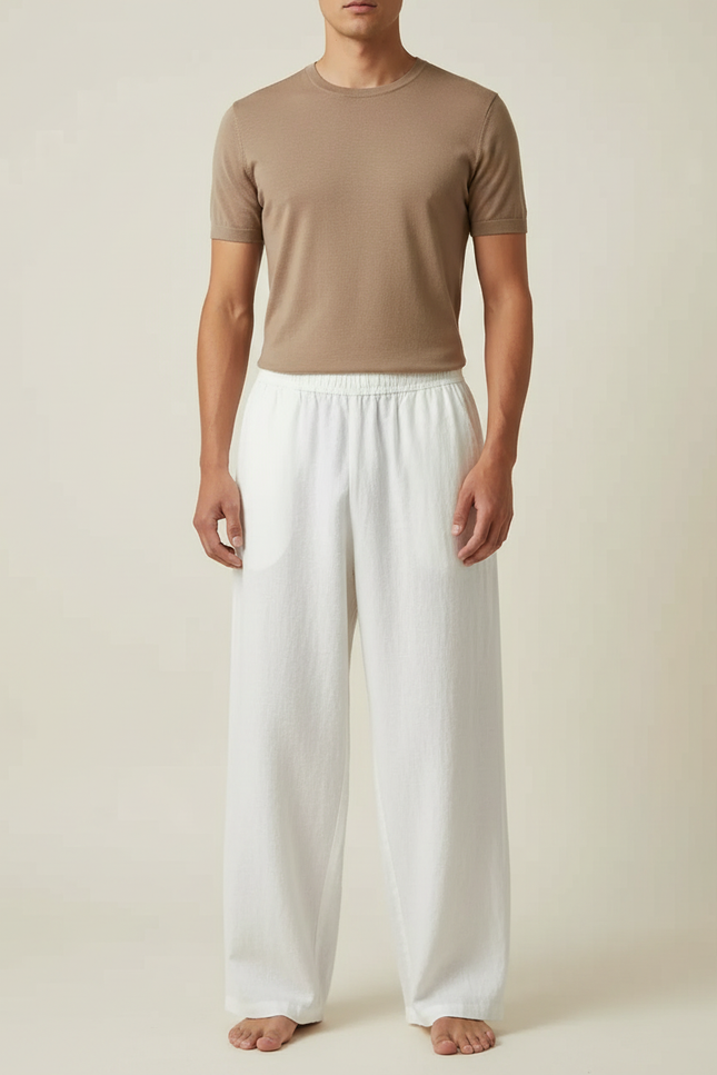 Pantalon Chinois Blanc Coton Lin Ample Décontracté Homme