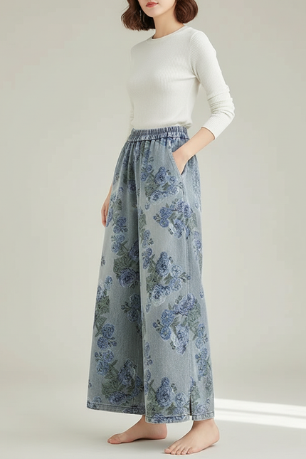 Pantalon Chinois Bleu Ample Imprimé Floral Denim Fluide - Jean