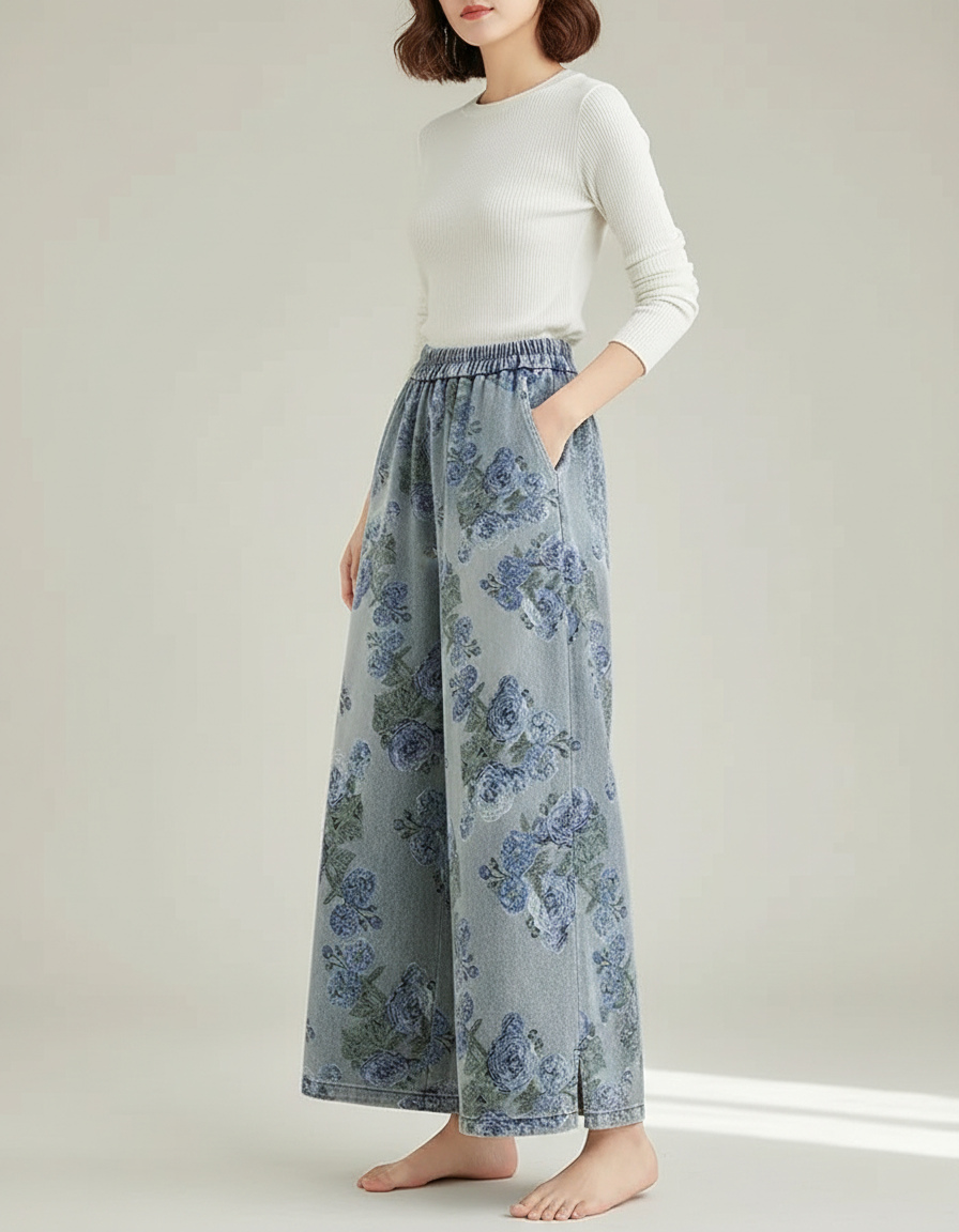 Pantalon Chinois Bleu Ample Imprimé Floral Denim Fluide - Jean