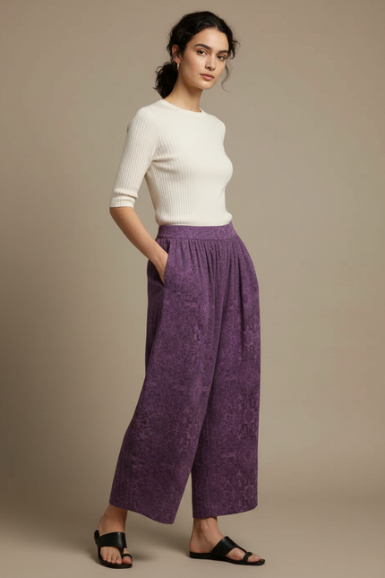 Pantalon Chinois Violet Ample Texturé Fluide Élégant - Maille