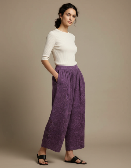 Pantalon Chinois Violet Ample Texturé Fluide Élégant - Maille