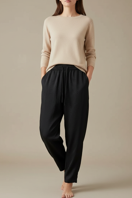 Pantalon Chinois Noir Fluide Ample Décontracté Femme - Viscose