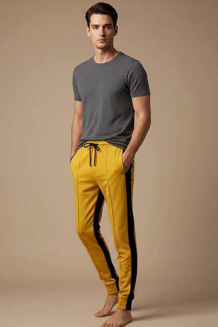 Pantalon Chinois Jaune Coupe Slim Bandes Noires Sport - Molleton