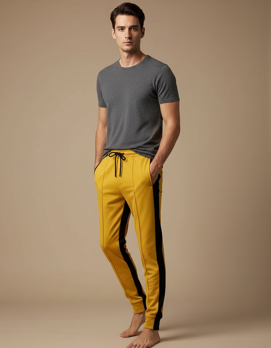 Pantalon Chinois Jaune Coupe Slim Bandes Noires Sport - Molleton