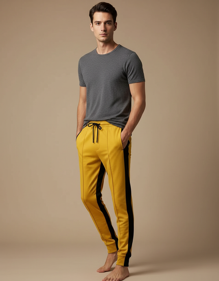 Pantalon Chinois Jaune Coupe Slim Bandes Noires Sport - Molleton