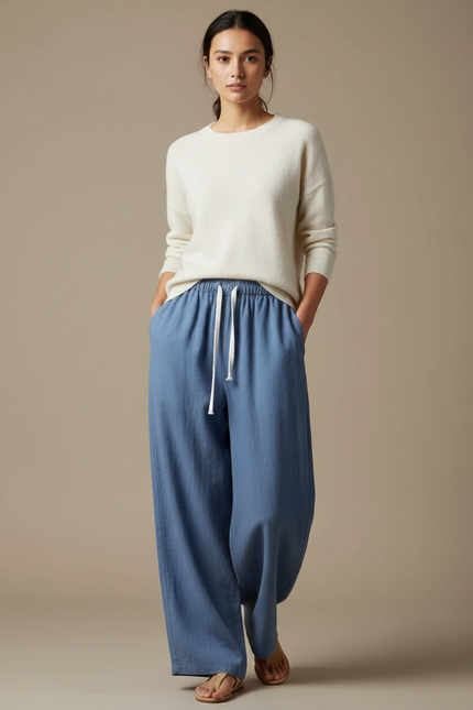 Pantalon Chinois Bleu Ample Lin Cordon Confortable