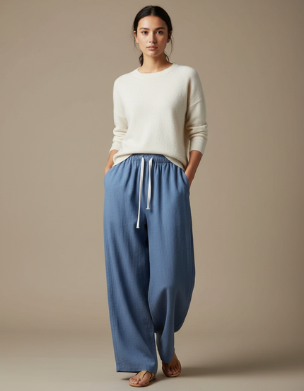 Pantalon Chinois Bleu Ample Lin Cordon Confortable