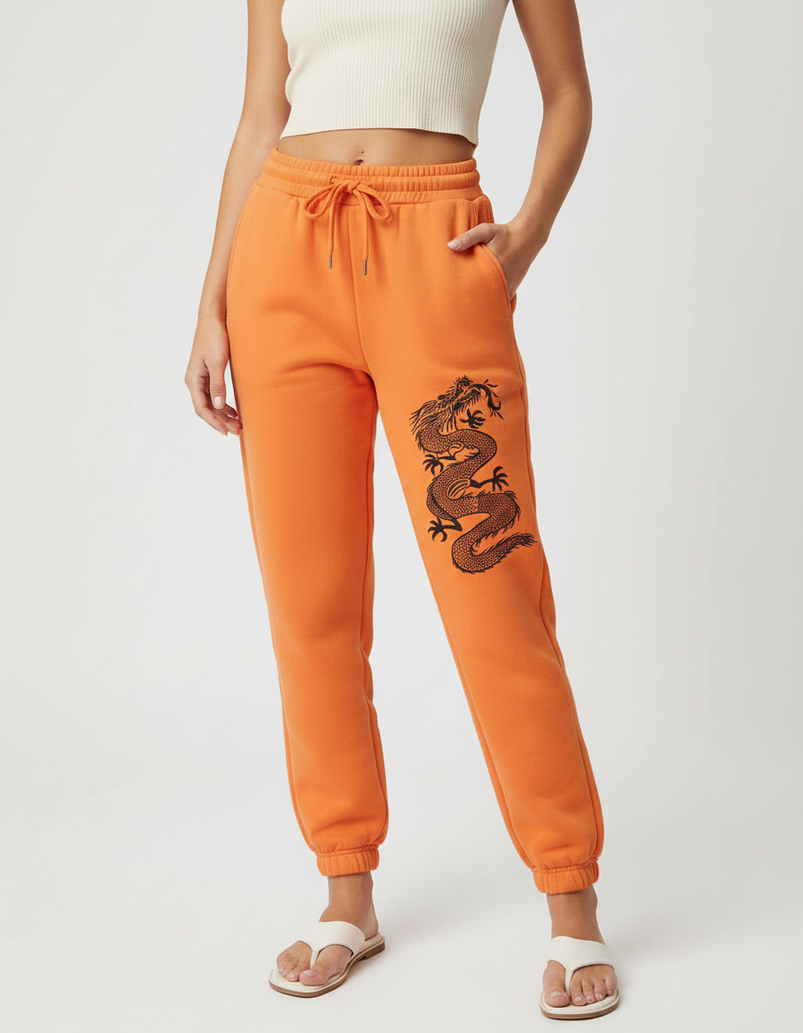 Pantalon Chinois Orange Dragon Molletonné Ample Décontracté