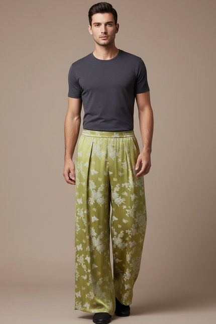 Pantalon Chinois Vert Satiné Ample Papillons Fluide