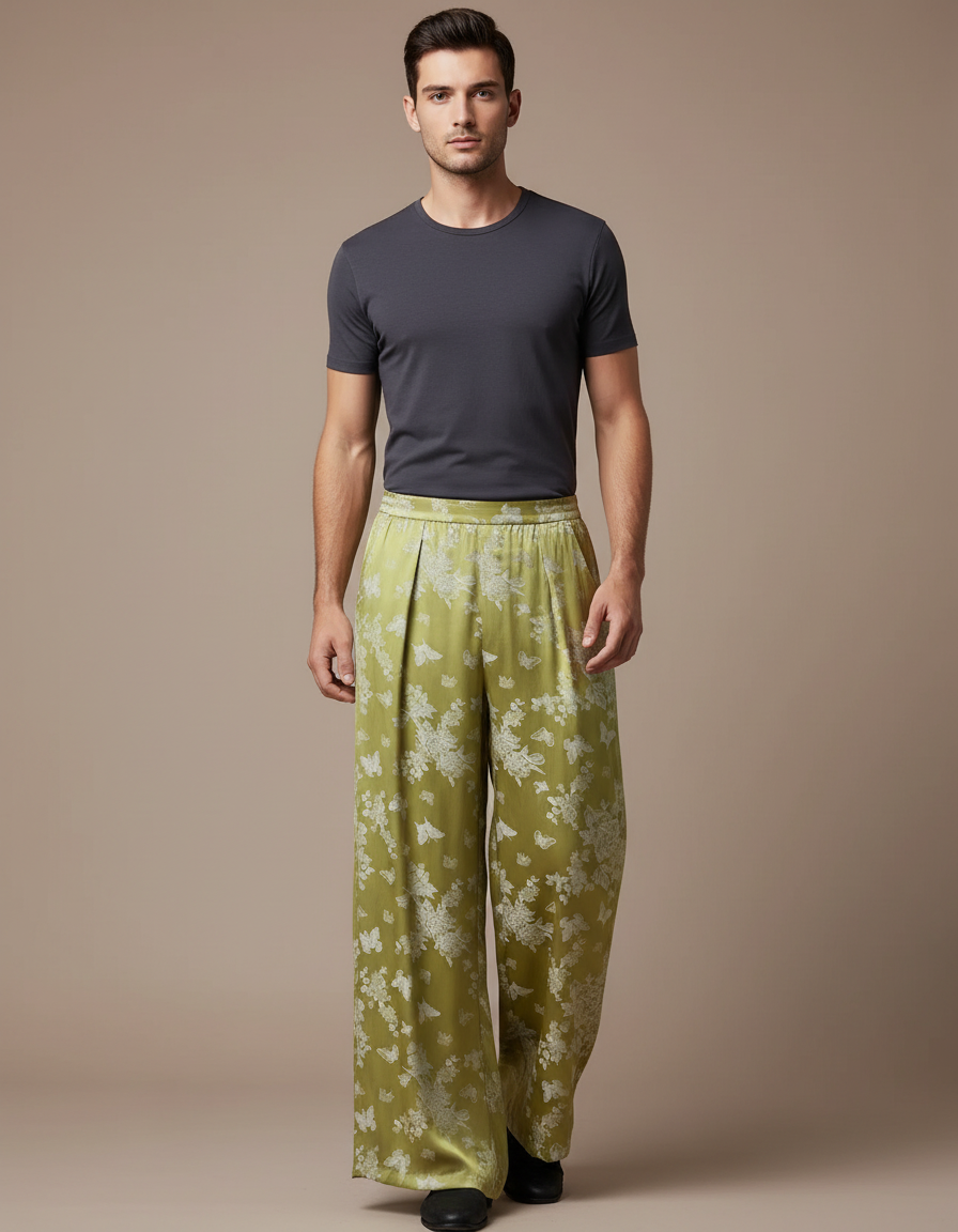 Pantalon Chinois Vert Satiné Ample Papillons Fluide