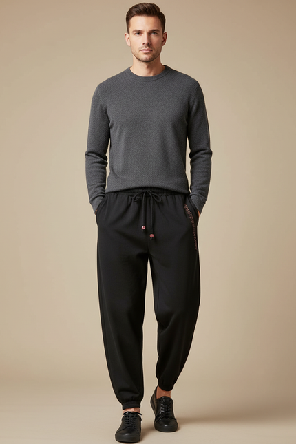 Pantalon Chinois Noir Ample Cordon Décontracté Jogging - Molleton