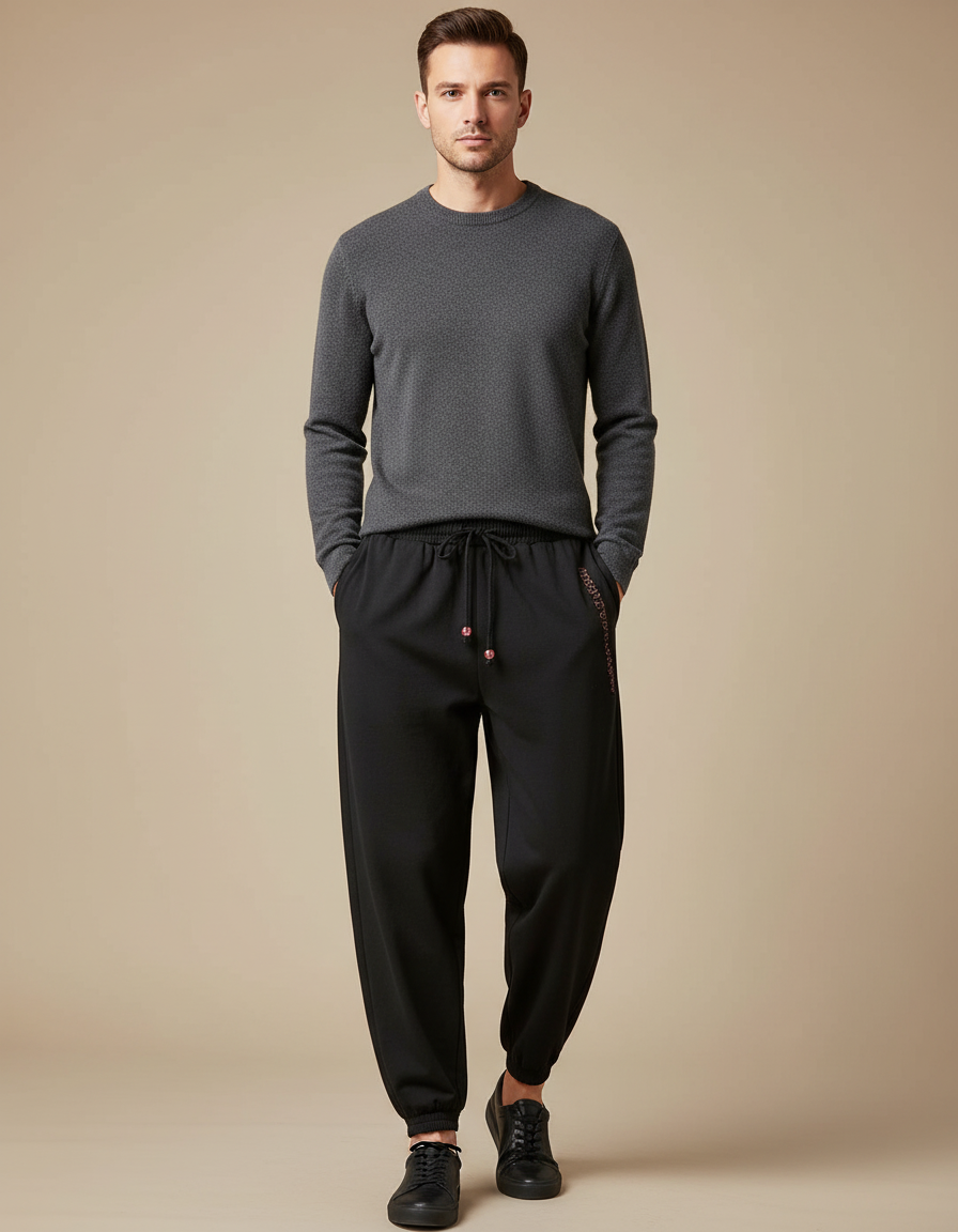Pantalon Chinois Noir Ample Cordon Décontracté Jogging - Molleton