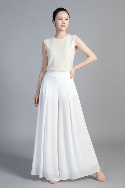 Pantalon Chinois Blanc Fluide Ample Chiffon Femme - Polyester