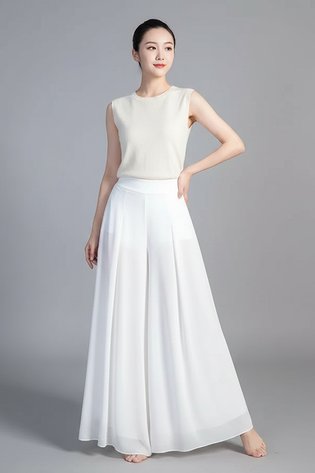 Pantalon Chinois Blanc Fluide Ample Chiffon Femme - Polyester